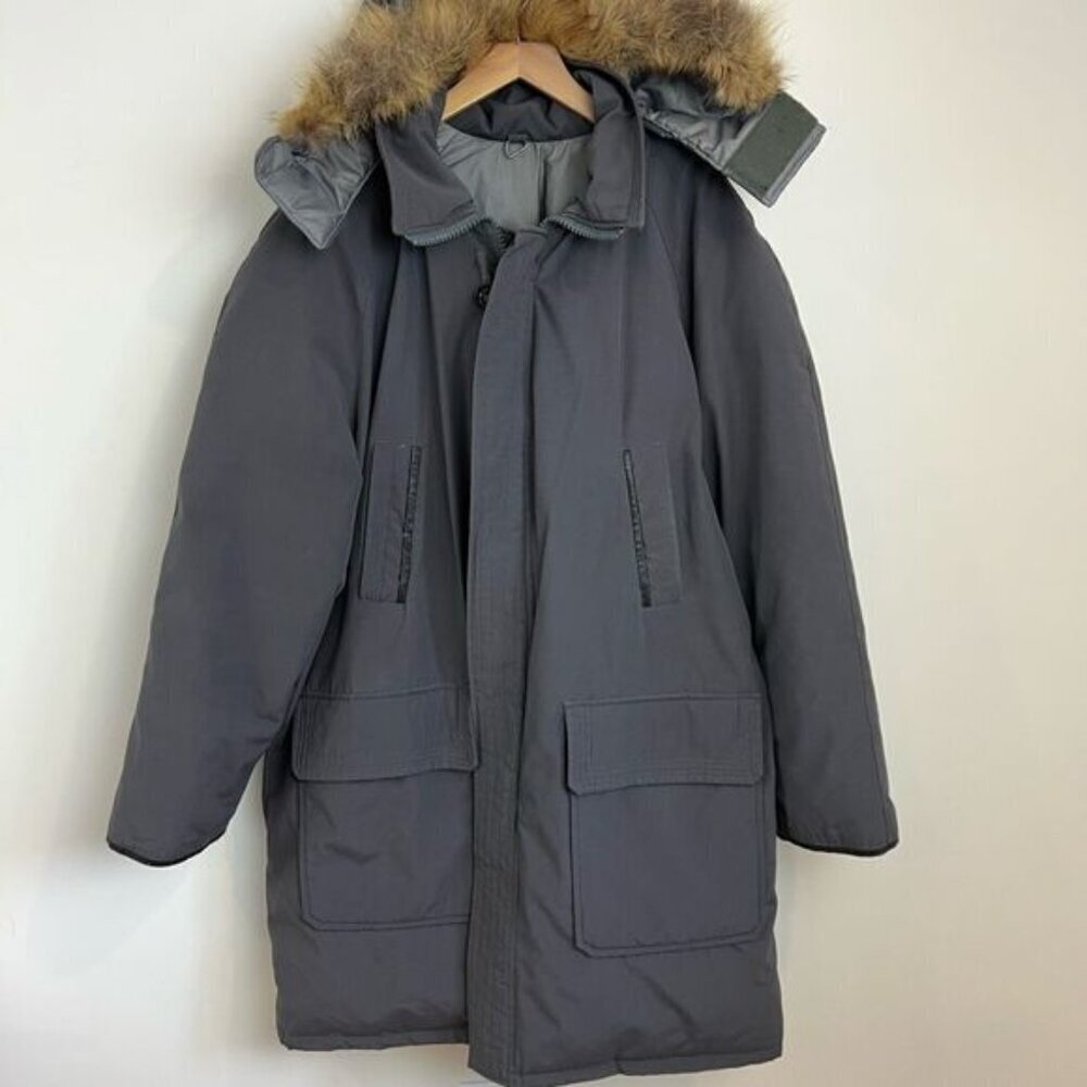 Vintage 3XL Gray Down Filled Parka Coat Fur Hood Waterfowl Feather